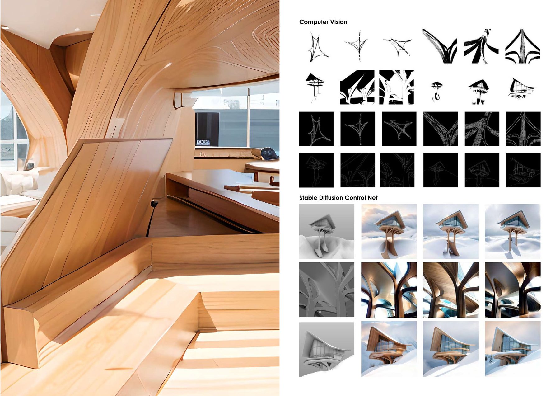 Interior render, computer vision edge maps, and ControlNet renders
