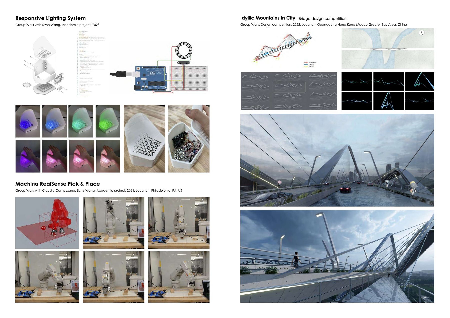 Responsive lighting system, Machina RealSense pick-and-place, and Idyllic Mountains in City bridge design